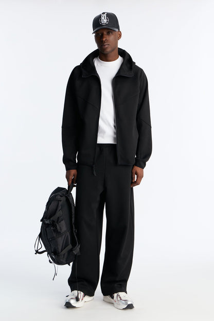 Structured Paneled Fleece Zip Up Hoodie  - Black