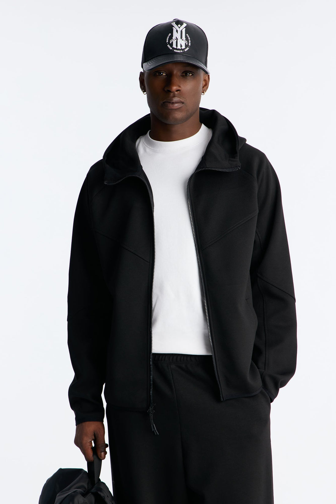 Structured Paneled Fleece Zip Up Hoodie  - Black