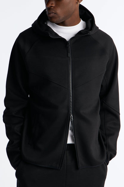 Structured Paneled Fleece Zip Up Hoodie  - Black