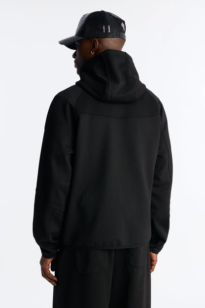 Structured Paneled Fleece Zip Up Hoodie  - Black