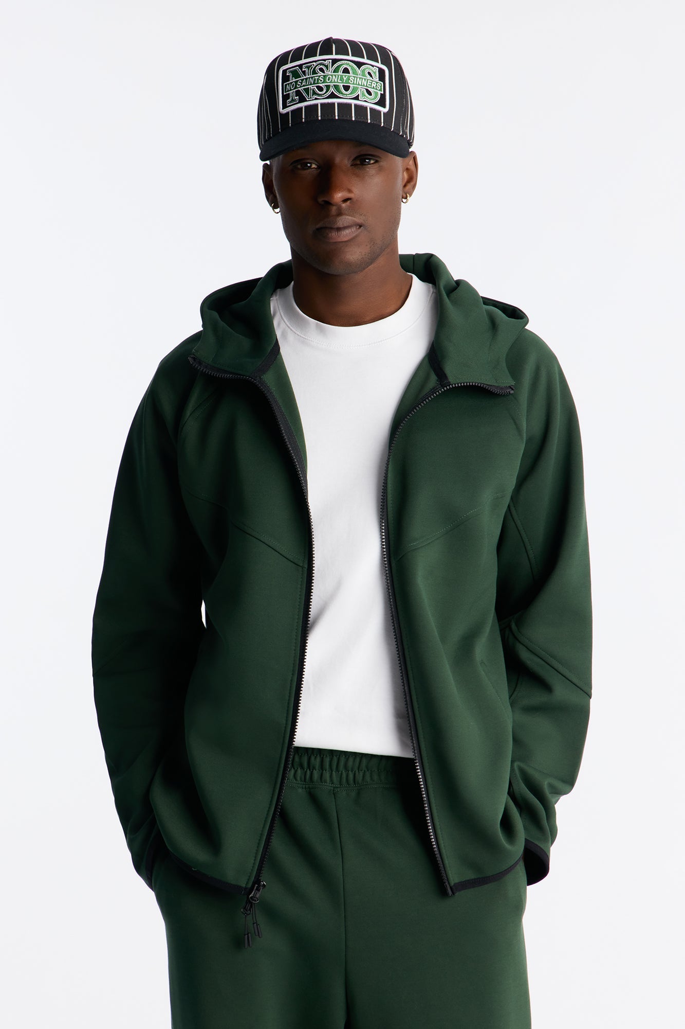 Structured Paneled Fleece Zip Up Hoodie - Green