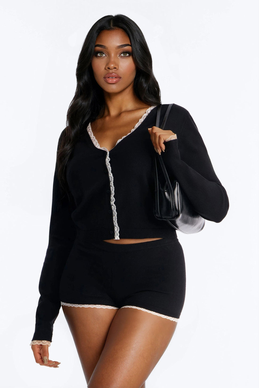 Lola Laced Sweater Short Set - Black
