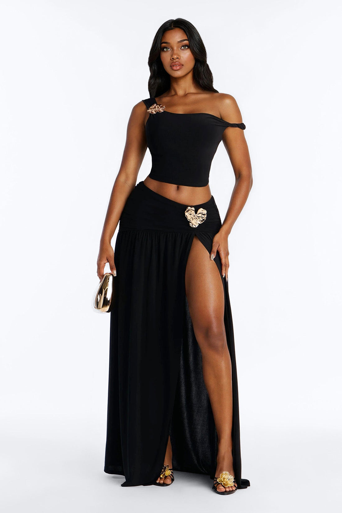 Marjorie Hardware Off Shoulder Maxi Skirt Set - Black