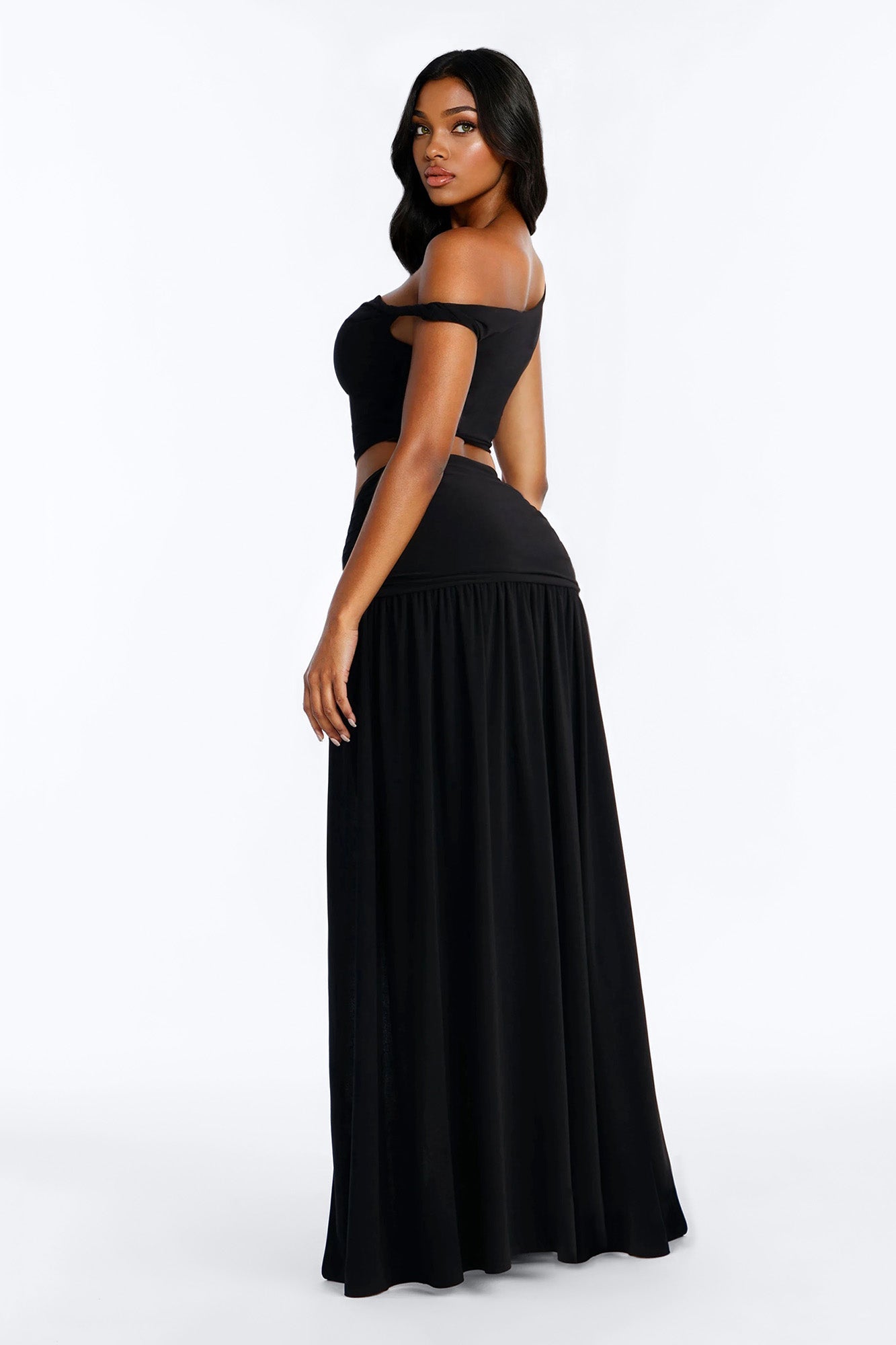 Marjorie Hardware Off Shoulder Maxi Skirt Set - Black