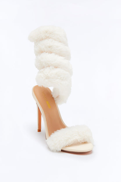 Flurry Faux Fur Wrap Up Heels - Ivory