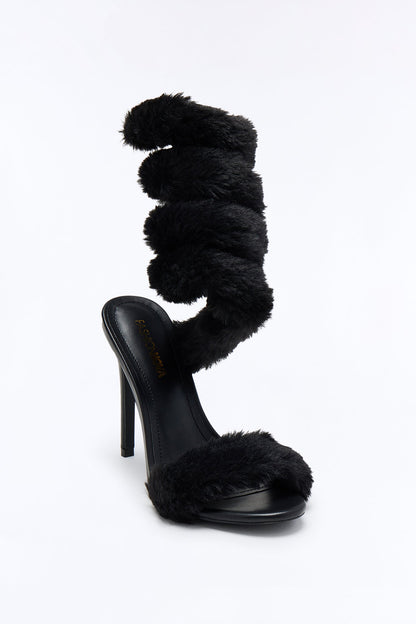 Flurry Faux Fur Wrap Up Heels - Black