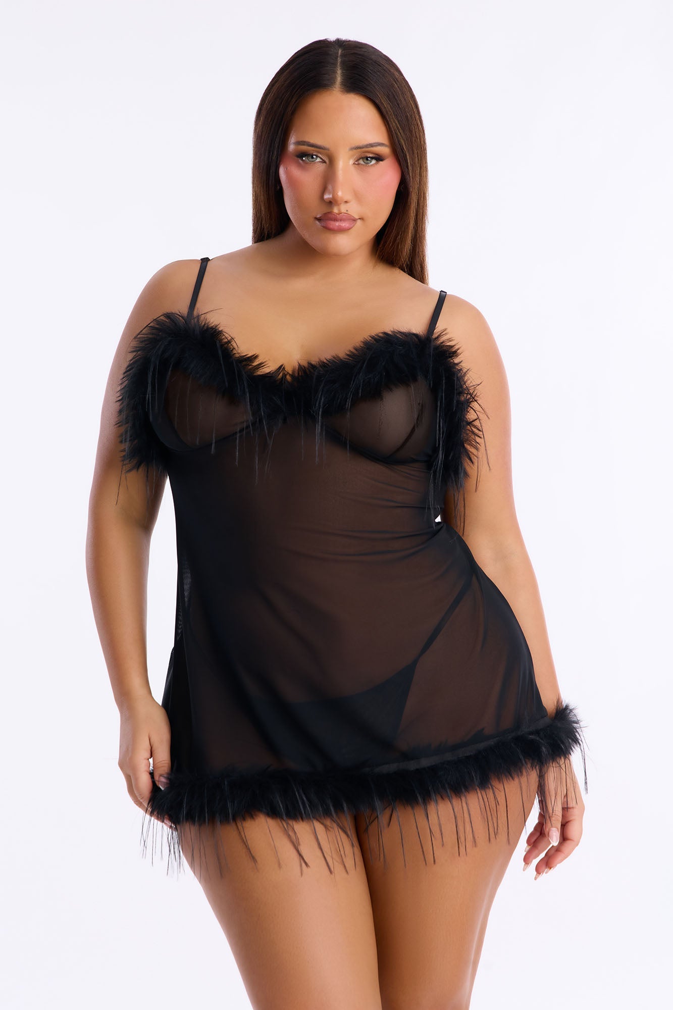 Farrah Mesh Marabou Babydoll - Black