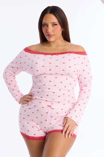 My Heart Is Yours Pointelle Off Shoulder PJ Short Set - Pink/combo