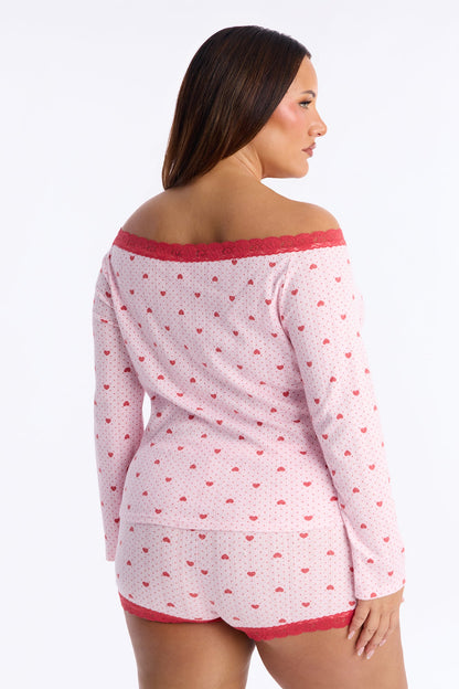 My Heart Is Yours Pointelle Off Shoulder PJ Short Set - Pink/combo