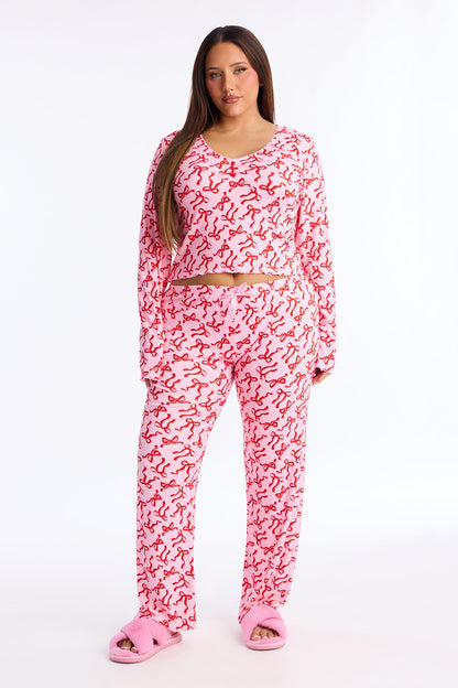 What A Cutie Pointelle Long Sleeve PJ Pant Set - Hot Pink/combo