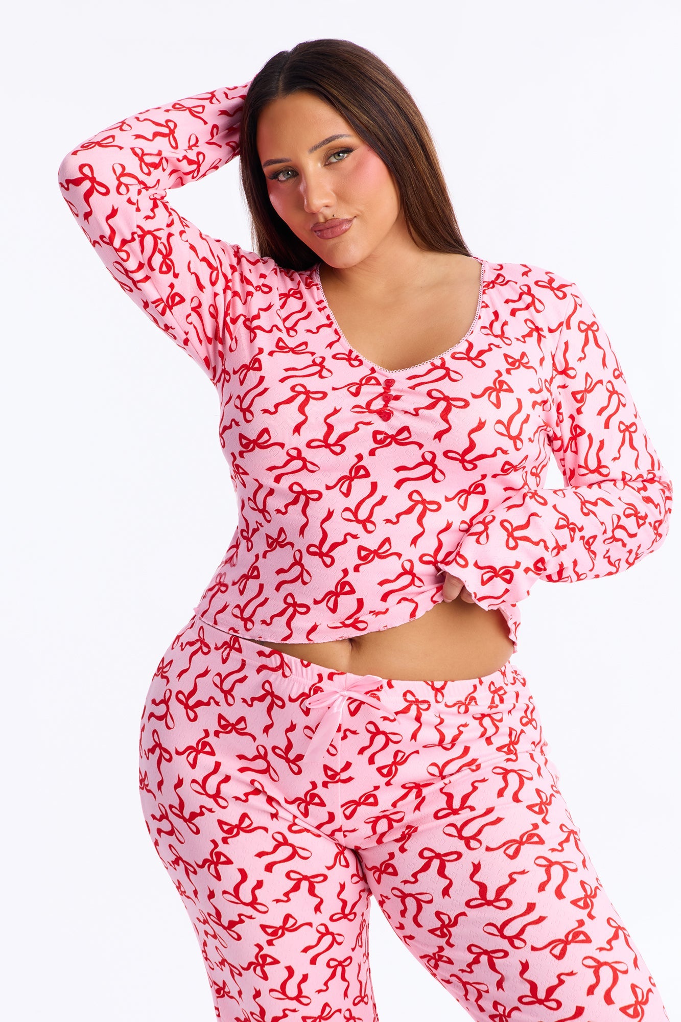 What A Cutie Pointelle Long Sleeve PJ Pant Set - Hot Pink/combo