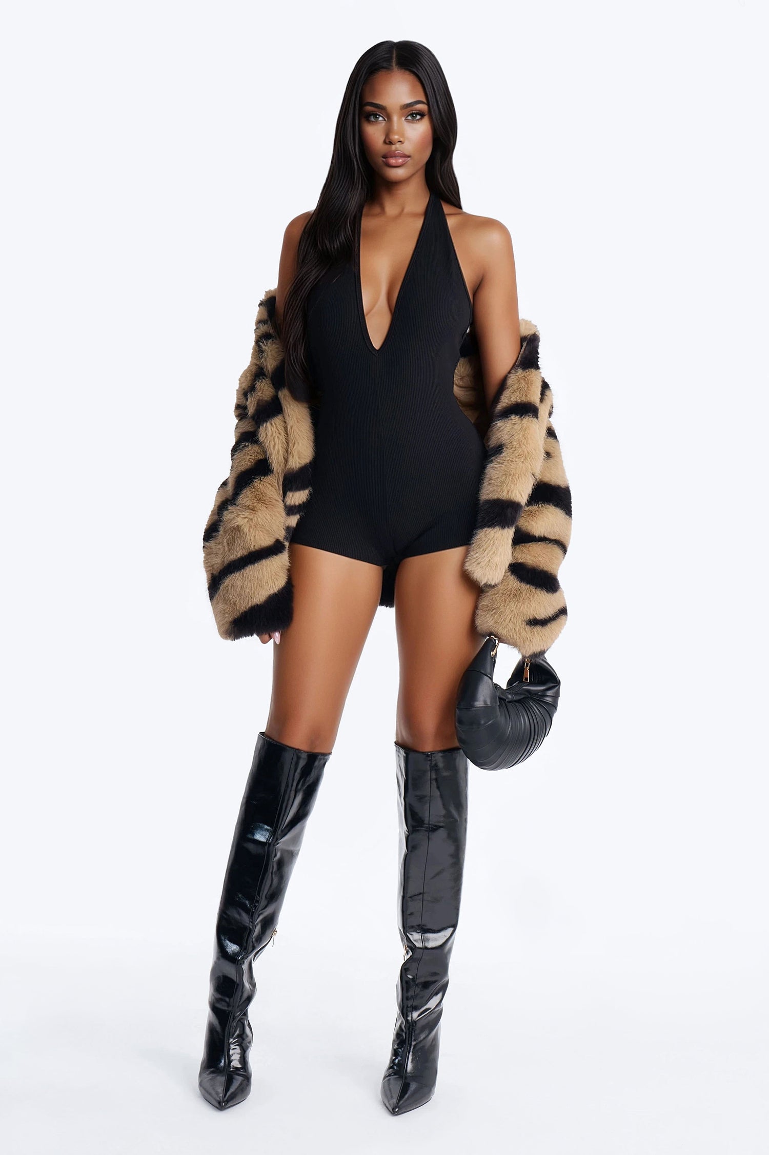 Bri Backless Ruched Micro Short Romper - Black