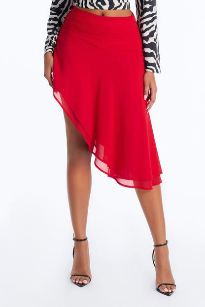 Analisa Asymmetric Ruched Midi Skirt - Red