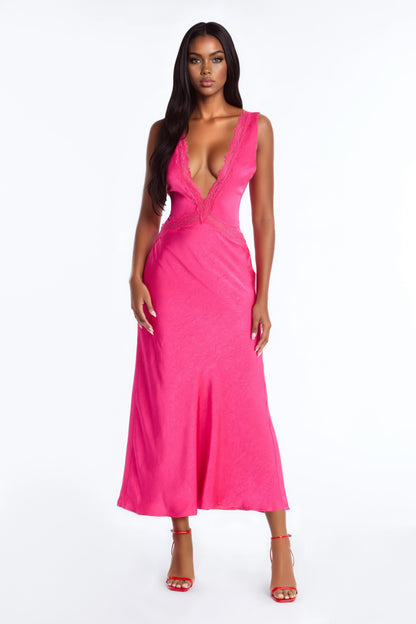 Willow Lace Satin Maxi Dress - Magenta