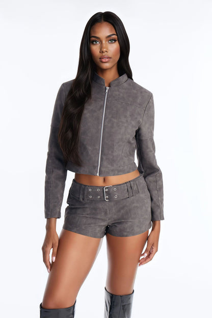 Simone Washed Faux Leather Jacket - Black
