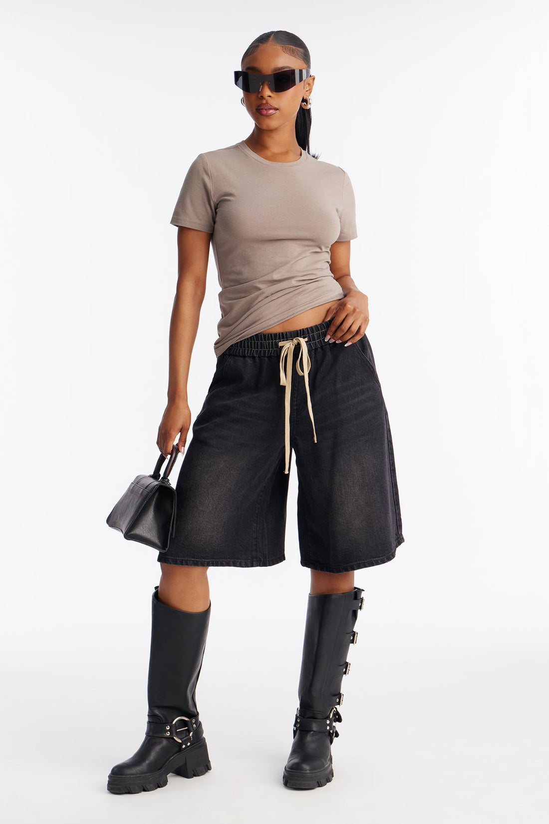 Avalon Tie Waist Drapey Denim Jorts - Black Wash