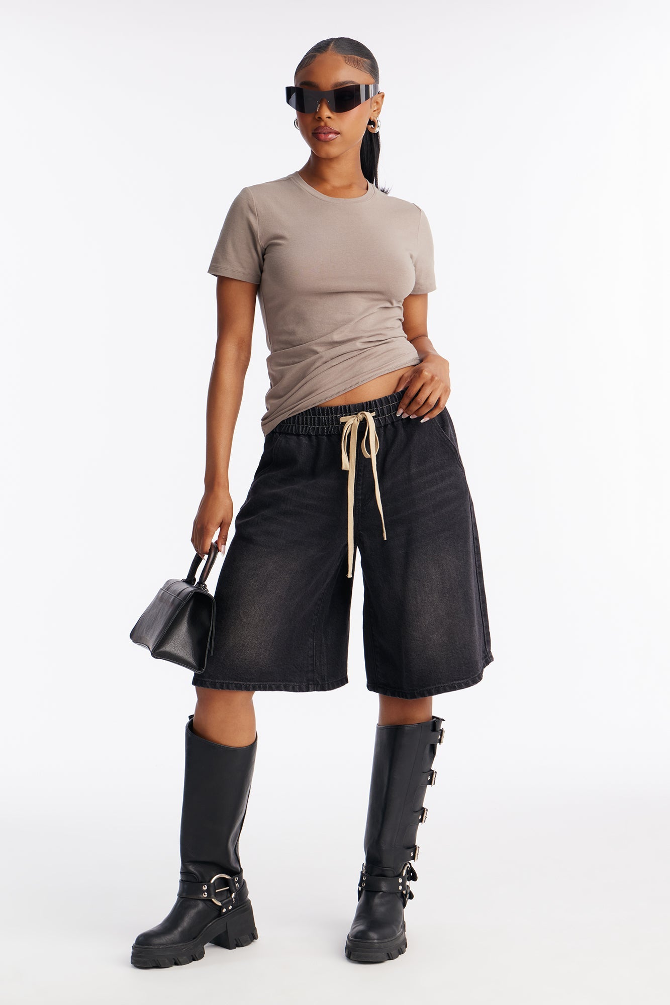 Avalon Tie Waist Drapey Denim Jorts - Black Wash
