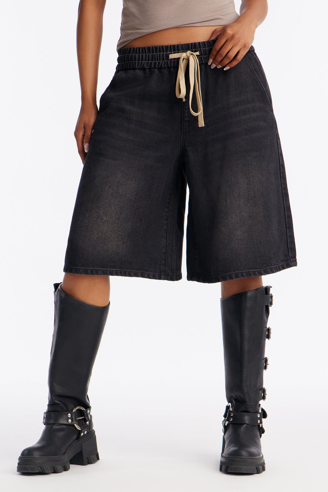 Avalon Tie Waist Drapey Denim Jorts - Black Wash