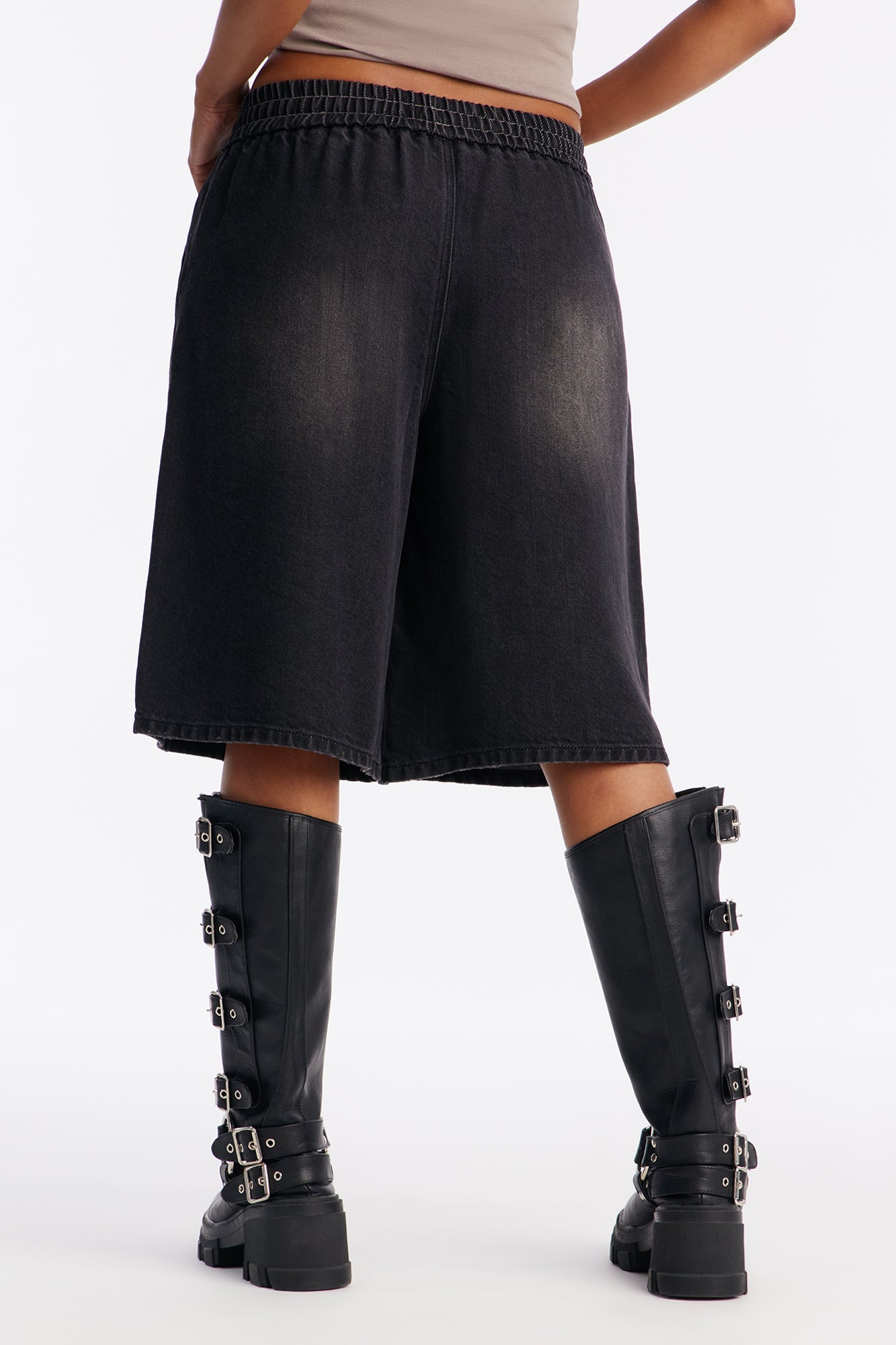 Avalon Tie Waist Drapey Denim Jorts - Black Wash