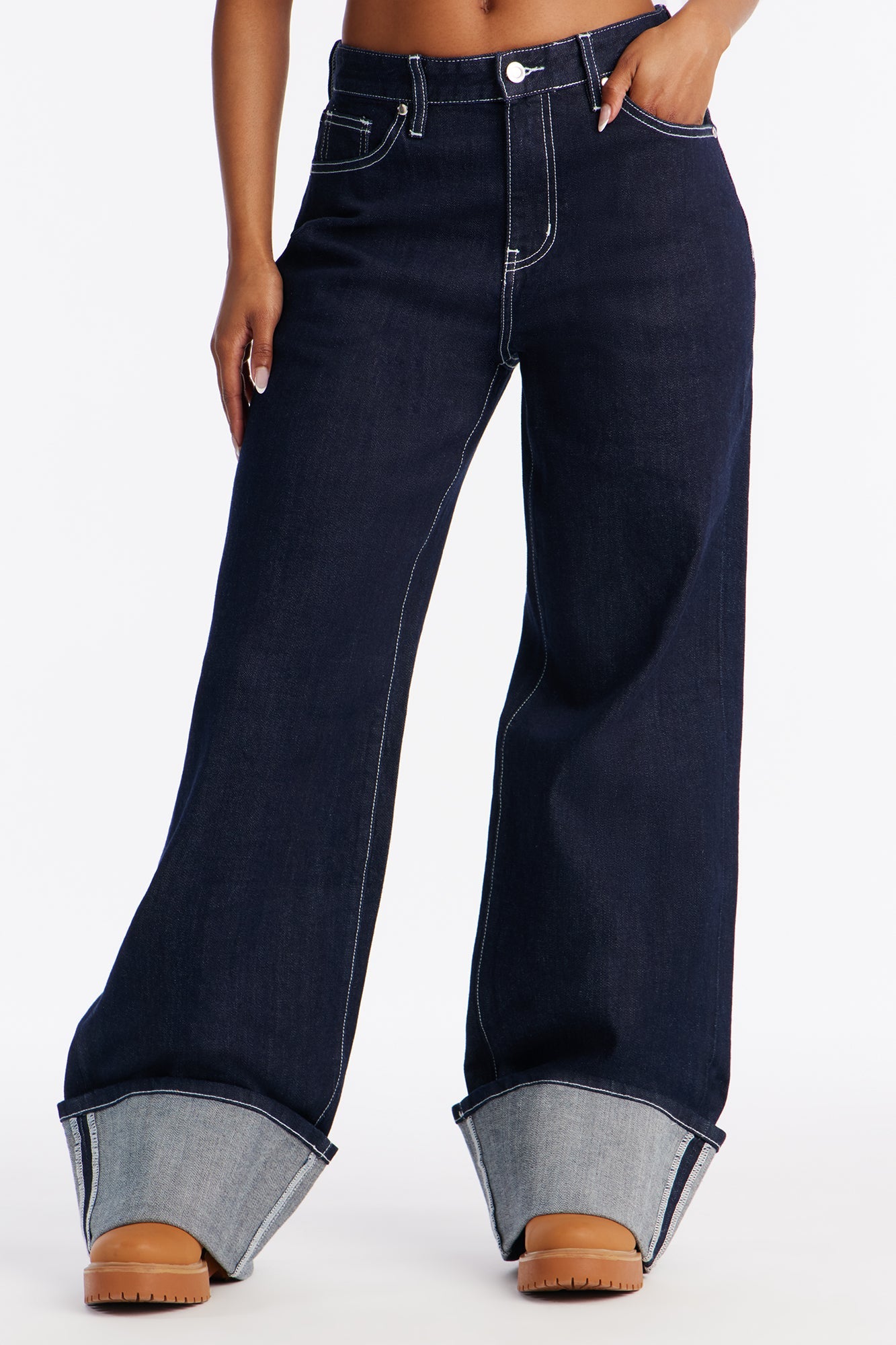Azure Selvedge Cuff Wide Leg Jeans - Dark Denim