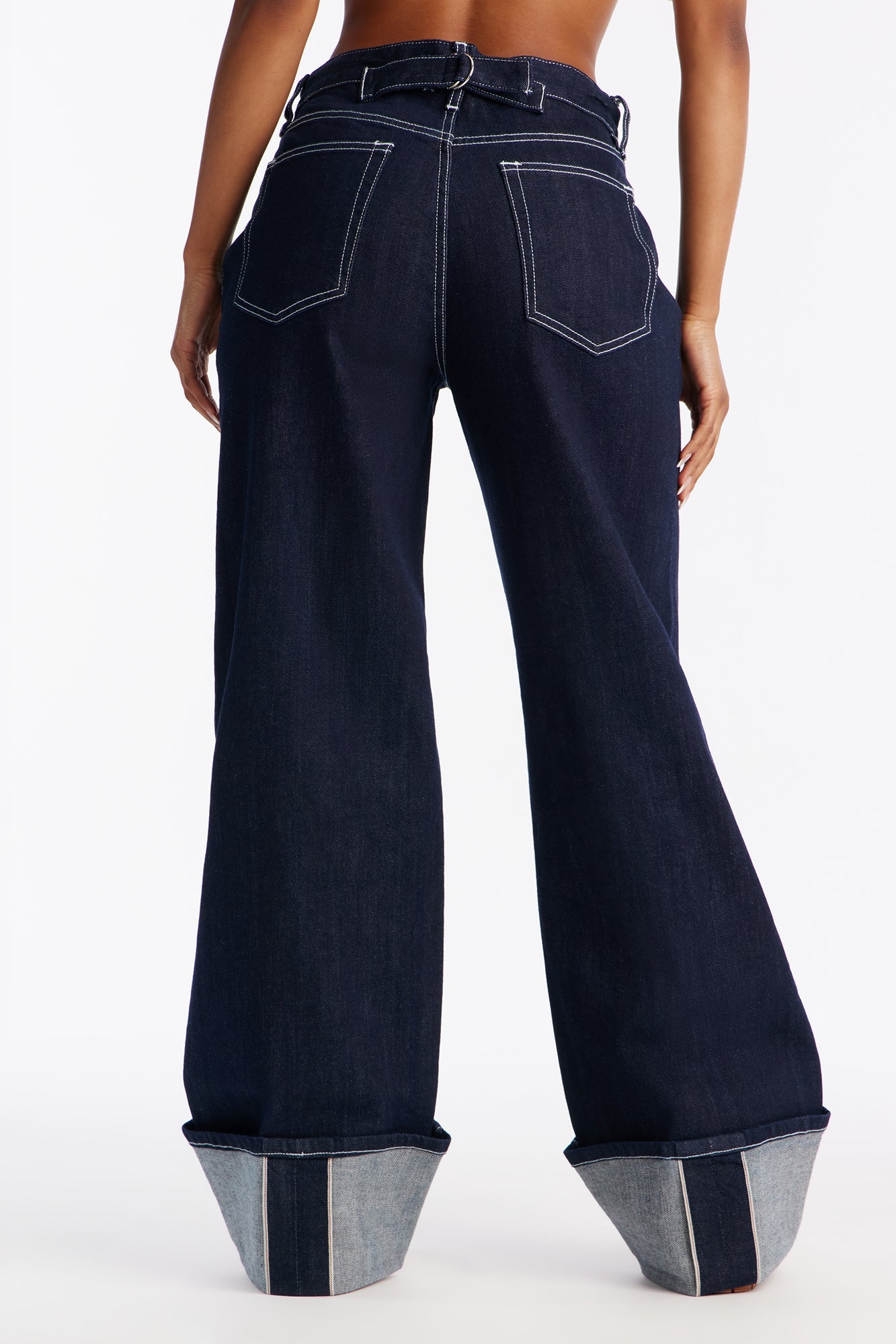 Azure Selvedge Cuff Wide Leg Jeans - Dark Denim