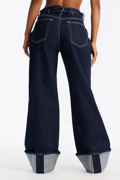 Azure Selvedge Cuff Wide Leg Jeans - Dark Denim