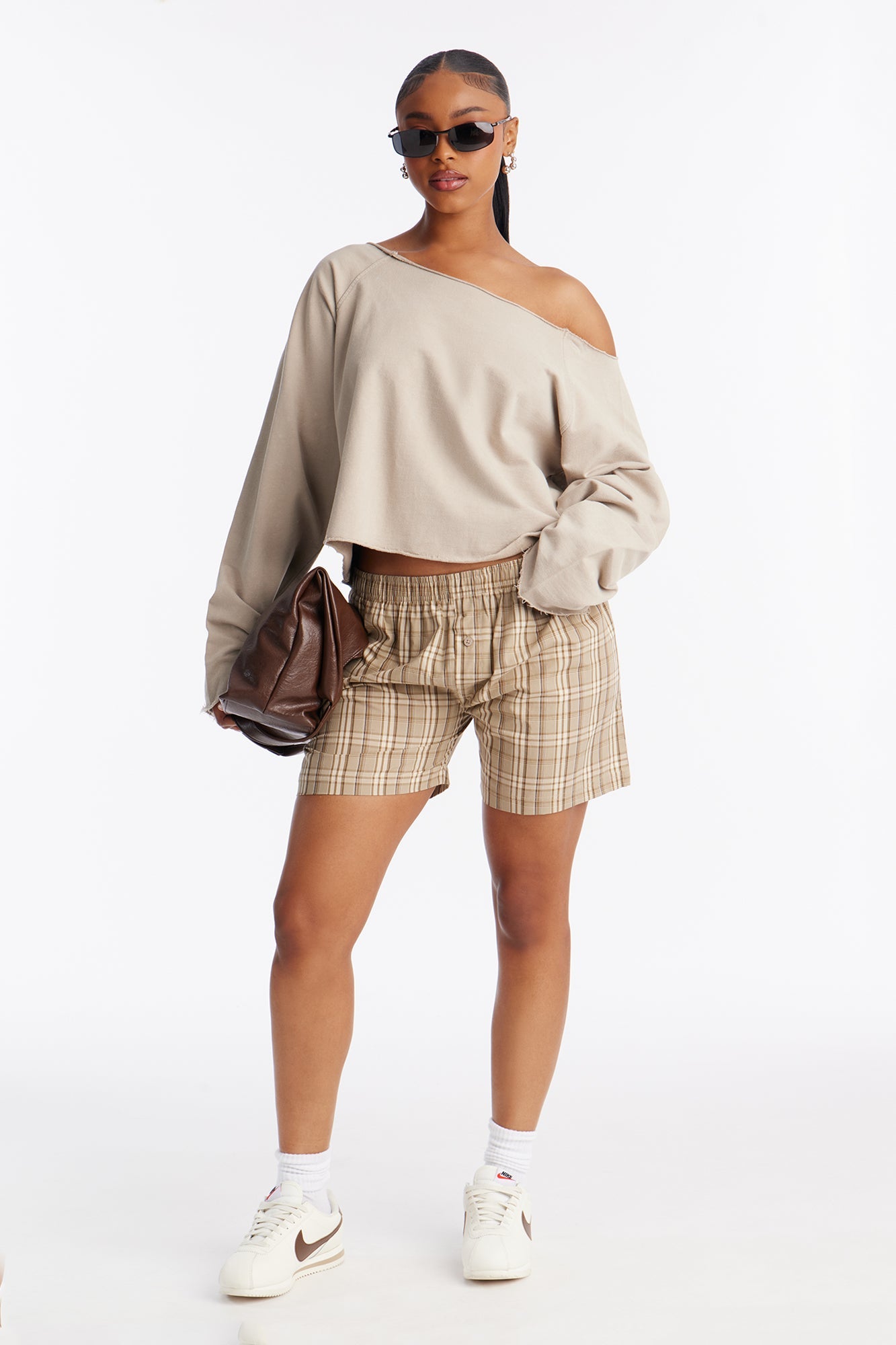 Keep It Cute Off Shoulder Sweatshirt - Stone