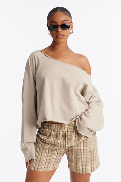 Keep It Cute Off Shoulder Sweatshirt - Stone