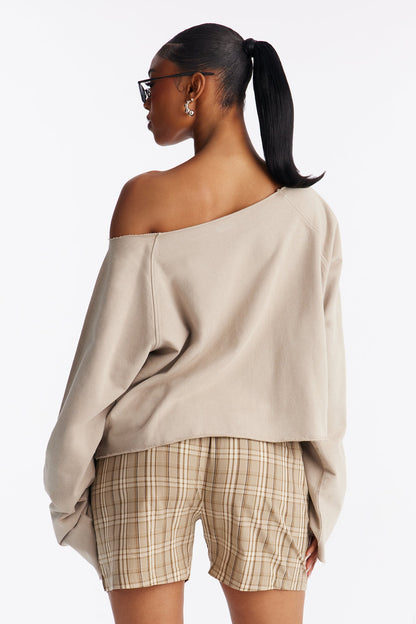 Keep It Cute Off Shoulder Sweatshirt - Stone