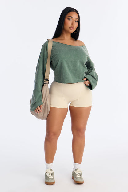 Keep It Cute Off Shoulder Sweatshirt - Olive
