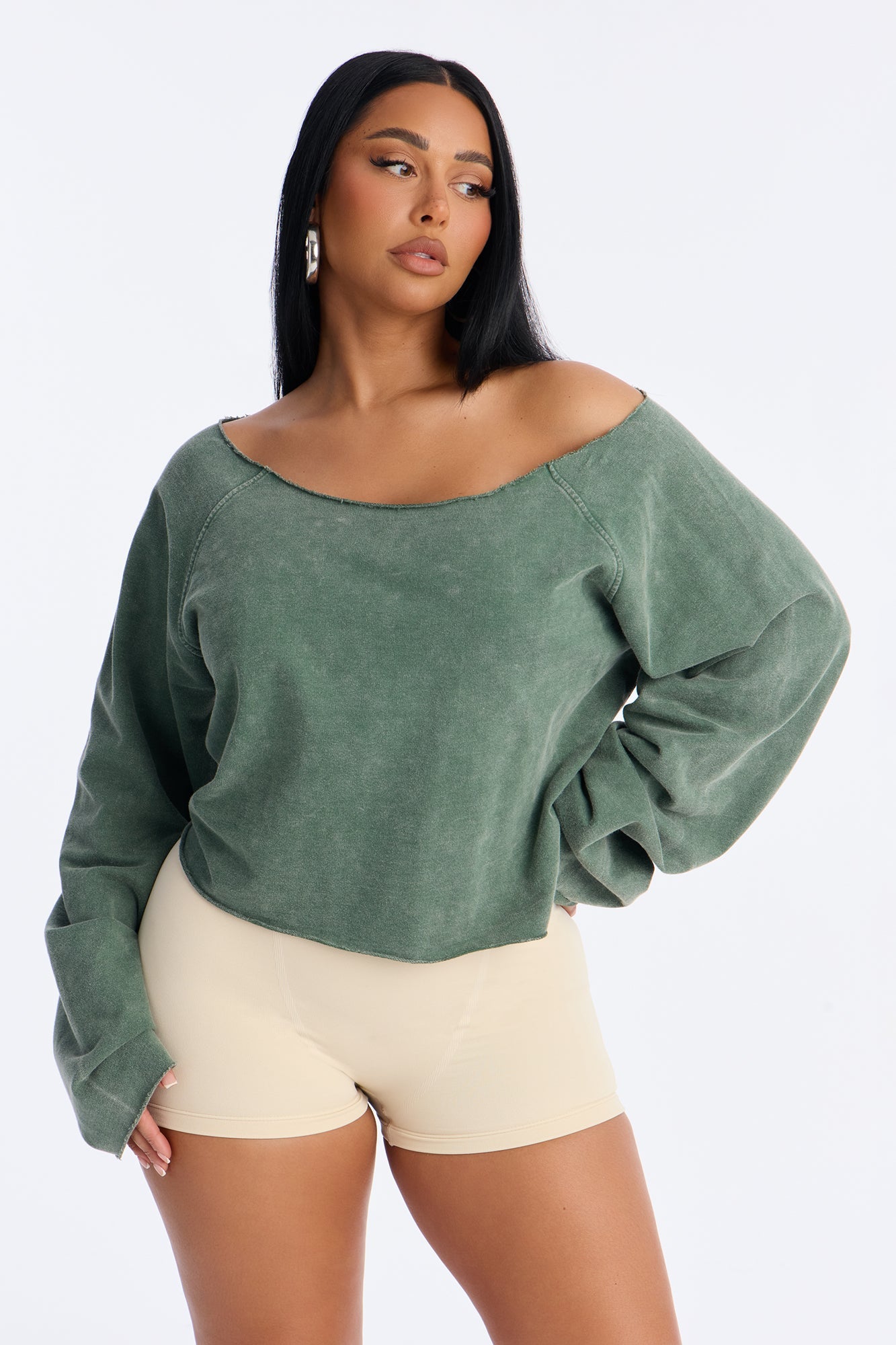 Keep It Cute Off Shoulder Sweatshirt - Olive