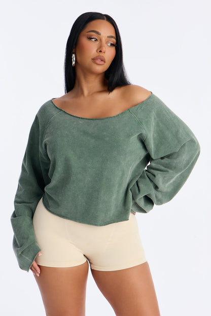 Keep It Cute Off Shoulder Sweatshirt - Olive