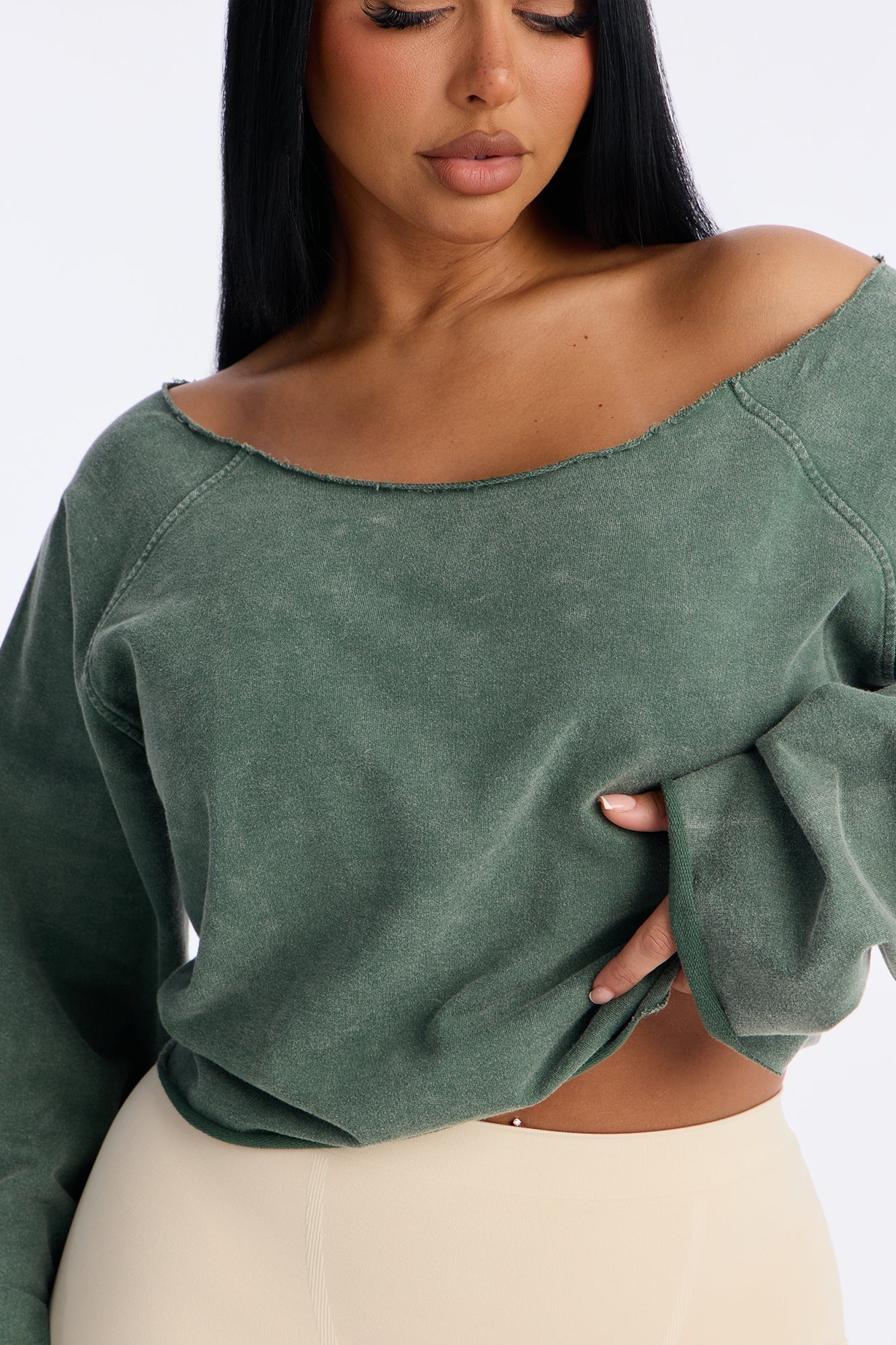 Keep It Cute Off Shoulder Sweatshirt - Olive