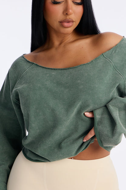Keep It Cute Off Shoulder Sweatshirt - Olive