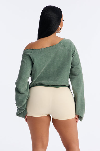 Keep It Cute Off Shoulder Sweatshirt - Olive