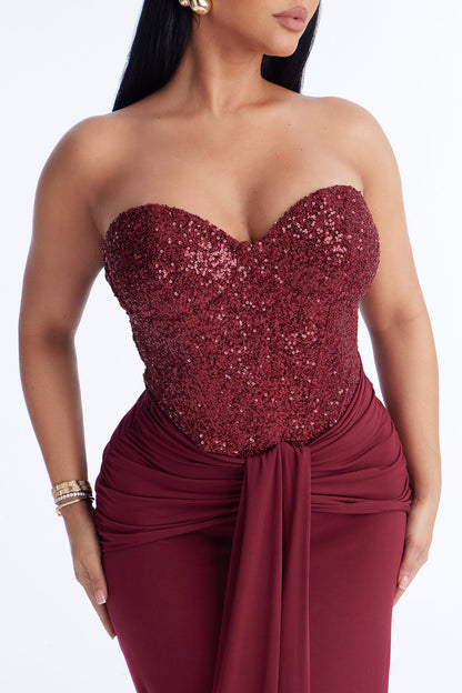 Dream Girl Draped Sequin Gown - Burgundy