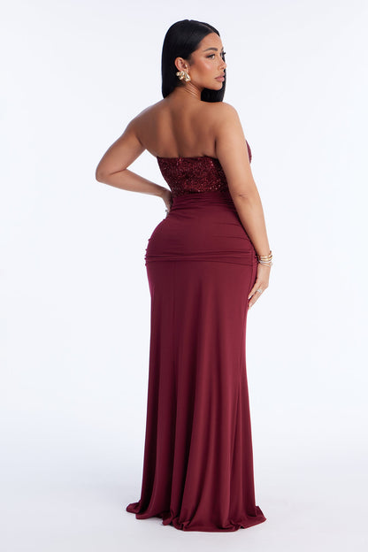 Dream Girl Draped Sequin Gown - Burgundy