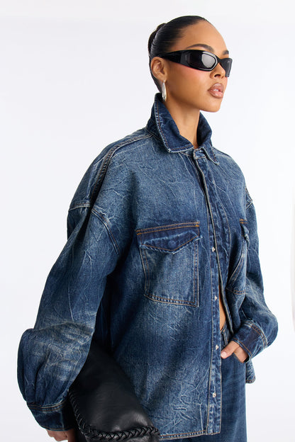 Merci Bien Boyfriend Denim Shacket - Dark Wash