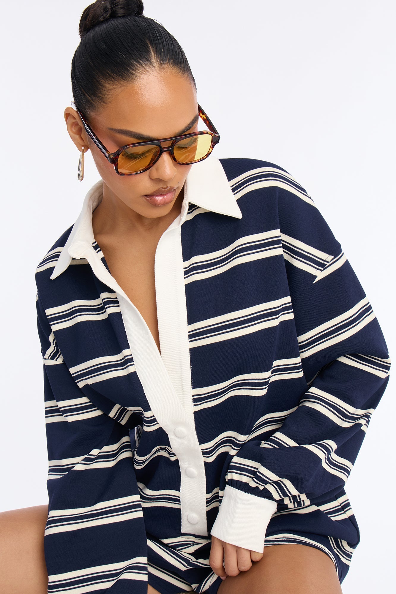 Kyla Striped Polo Romper - Navy