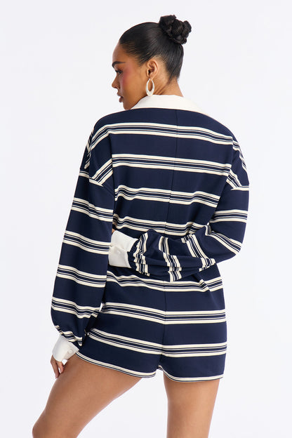Kyla Striped Polo Romper - Navy