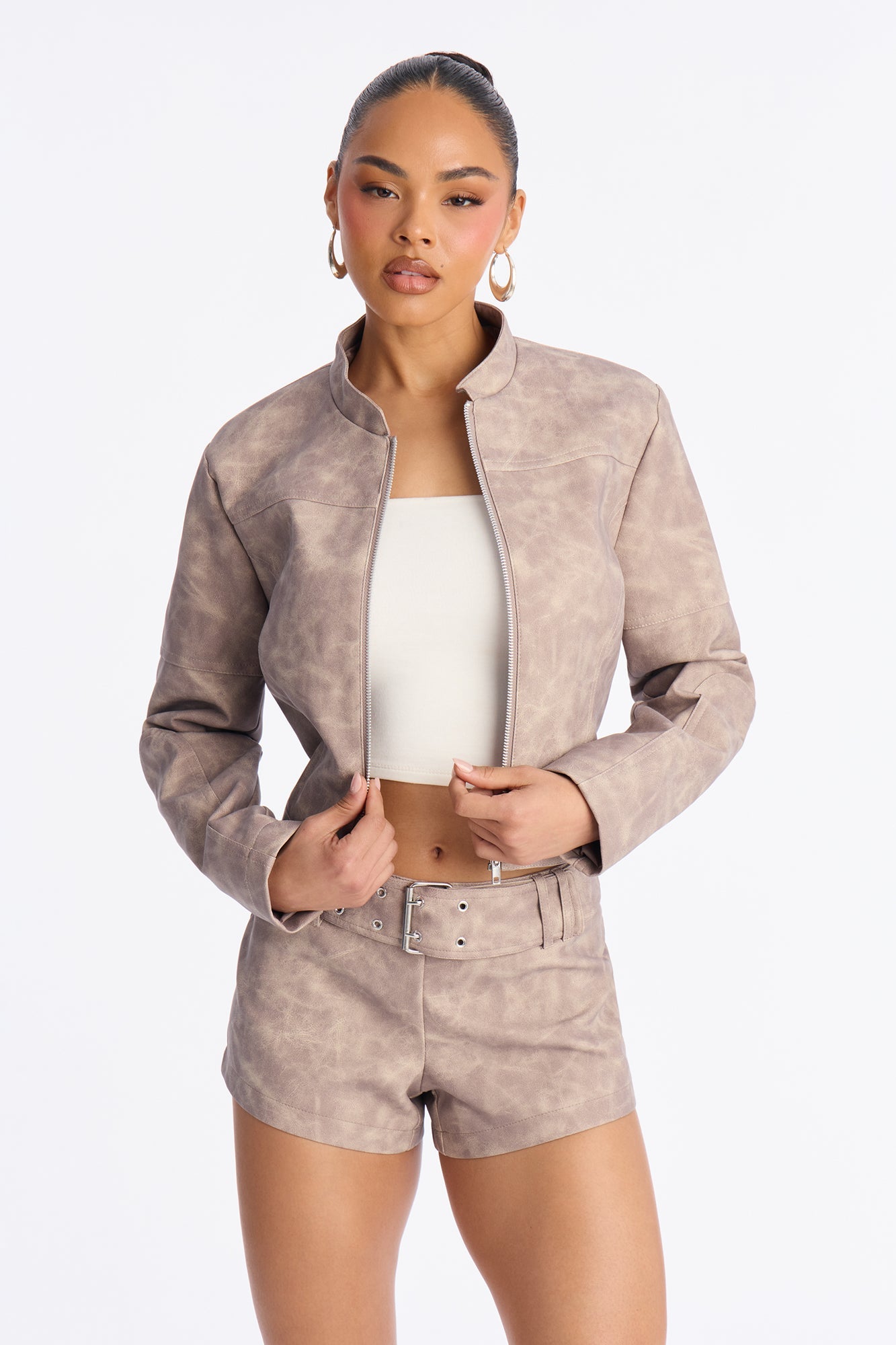Simone Washed Faux Leather Jacket - Stone