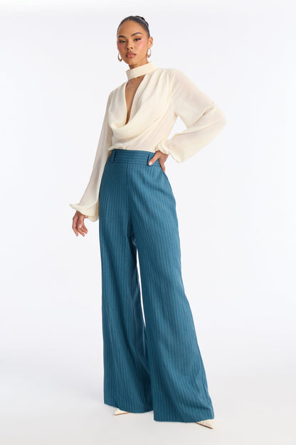 Gemma Pinstripe Cowl Wide Leg Jumpsuit - Blue/combo