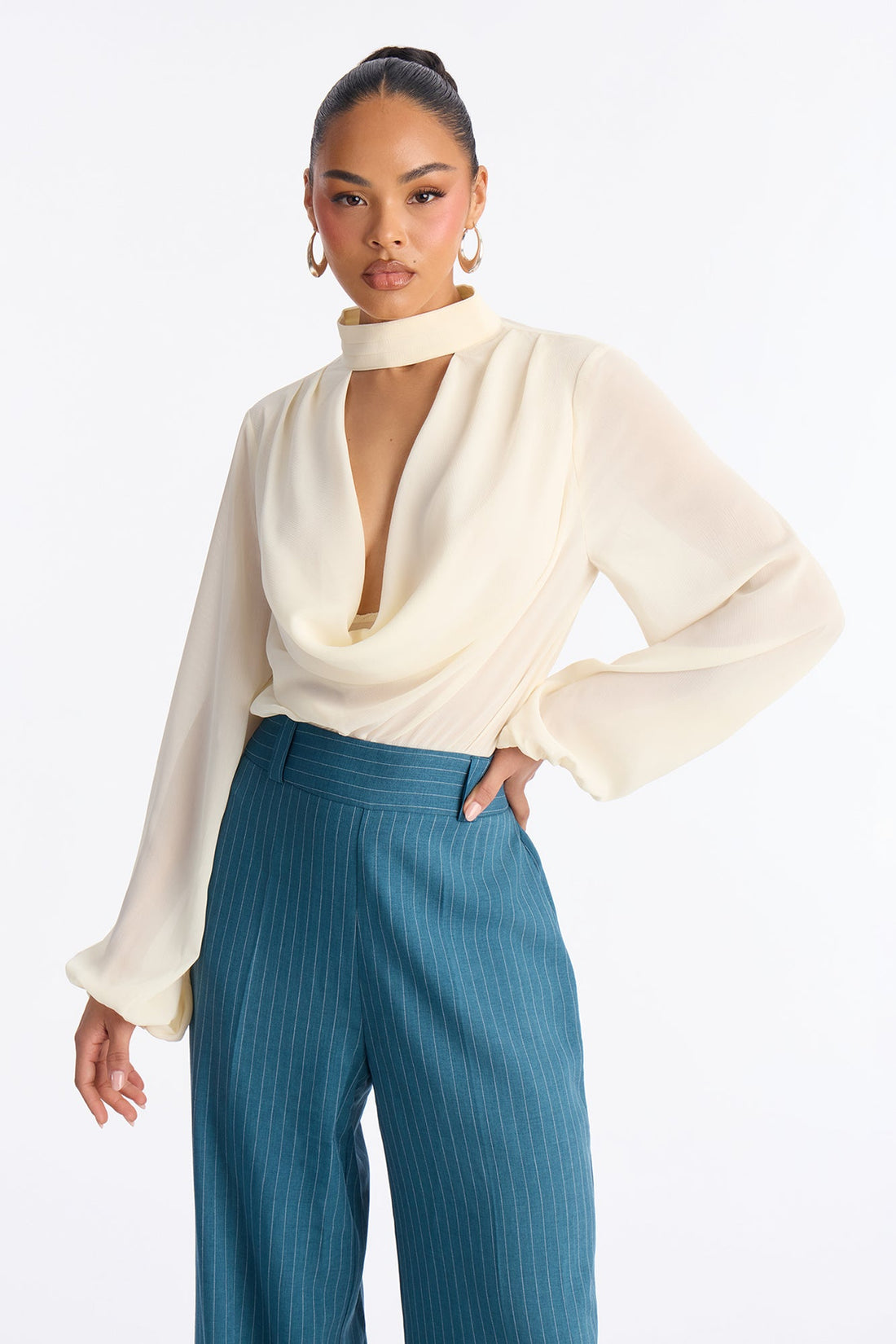 Gemma Pinstripe Cowl Wide Leg Jumpsuit - Blue/combo