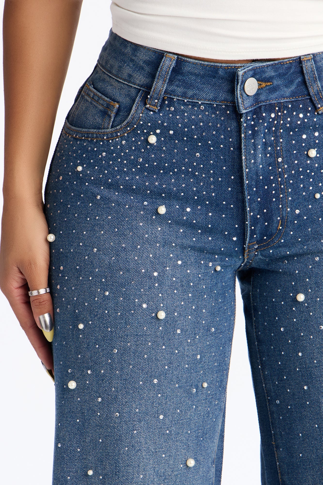 Pearly Whites Embellished Low Waist Wide Leg Jeans - Vintage Wash