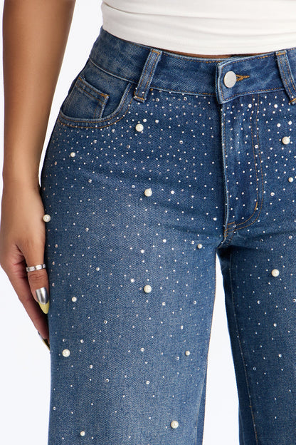 Pearly Whites Embellished Low Waist Wide Leg Jeans - Vintage Wash