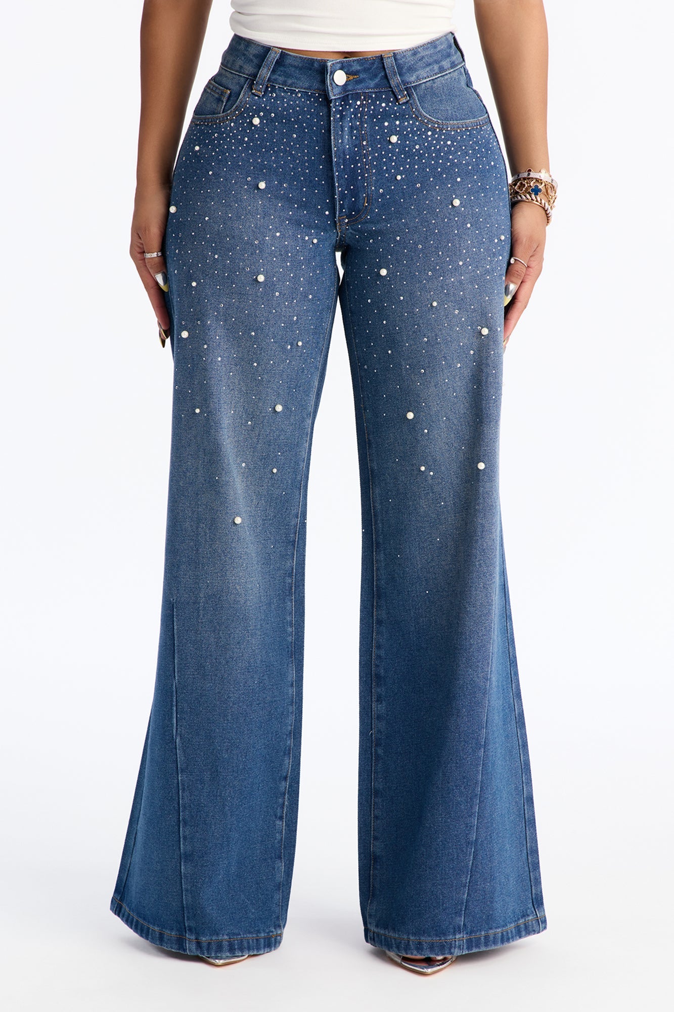 Pearly Whites Embellished Low Waist Wide Leg Jeans - Vintage Wash