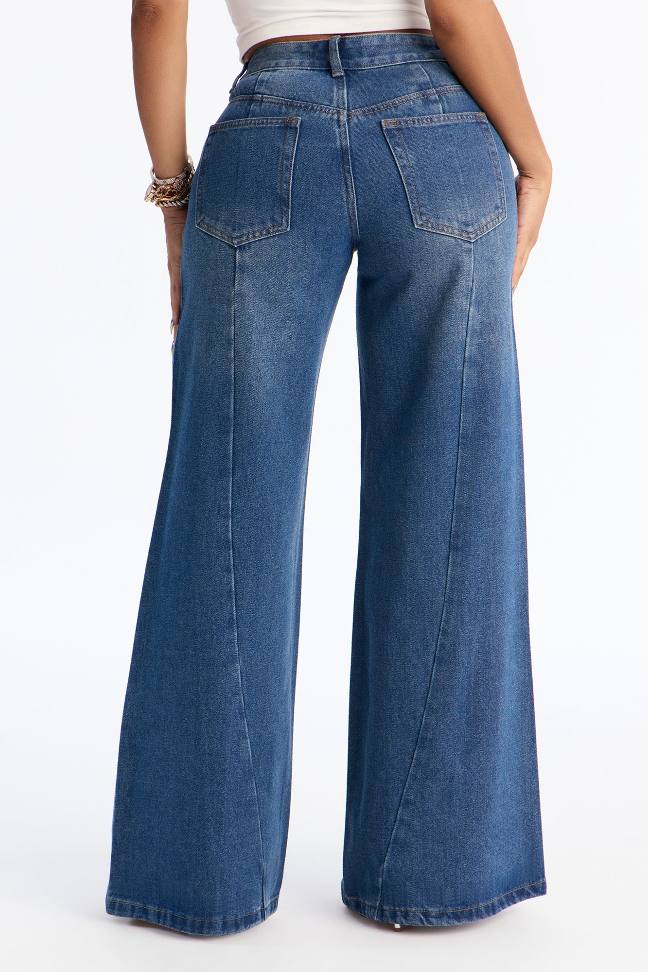 Pearly Whites Embellished Low Waist Wide Leg Jeans - Vintage Wash