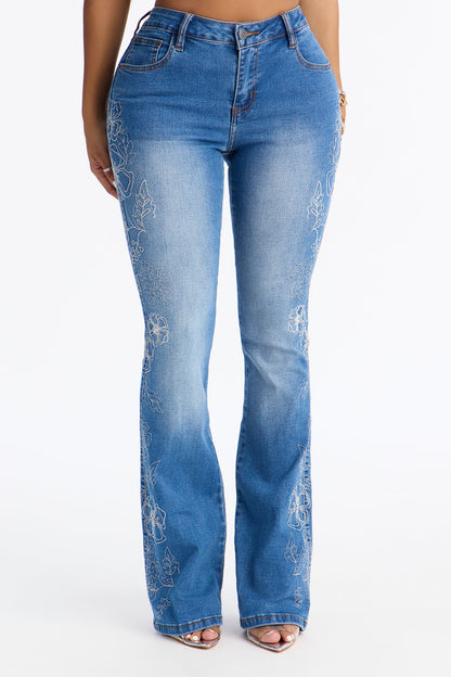 Les Fleurs Stretch Flare Leg Jeans - Medium Wash