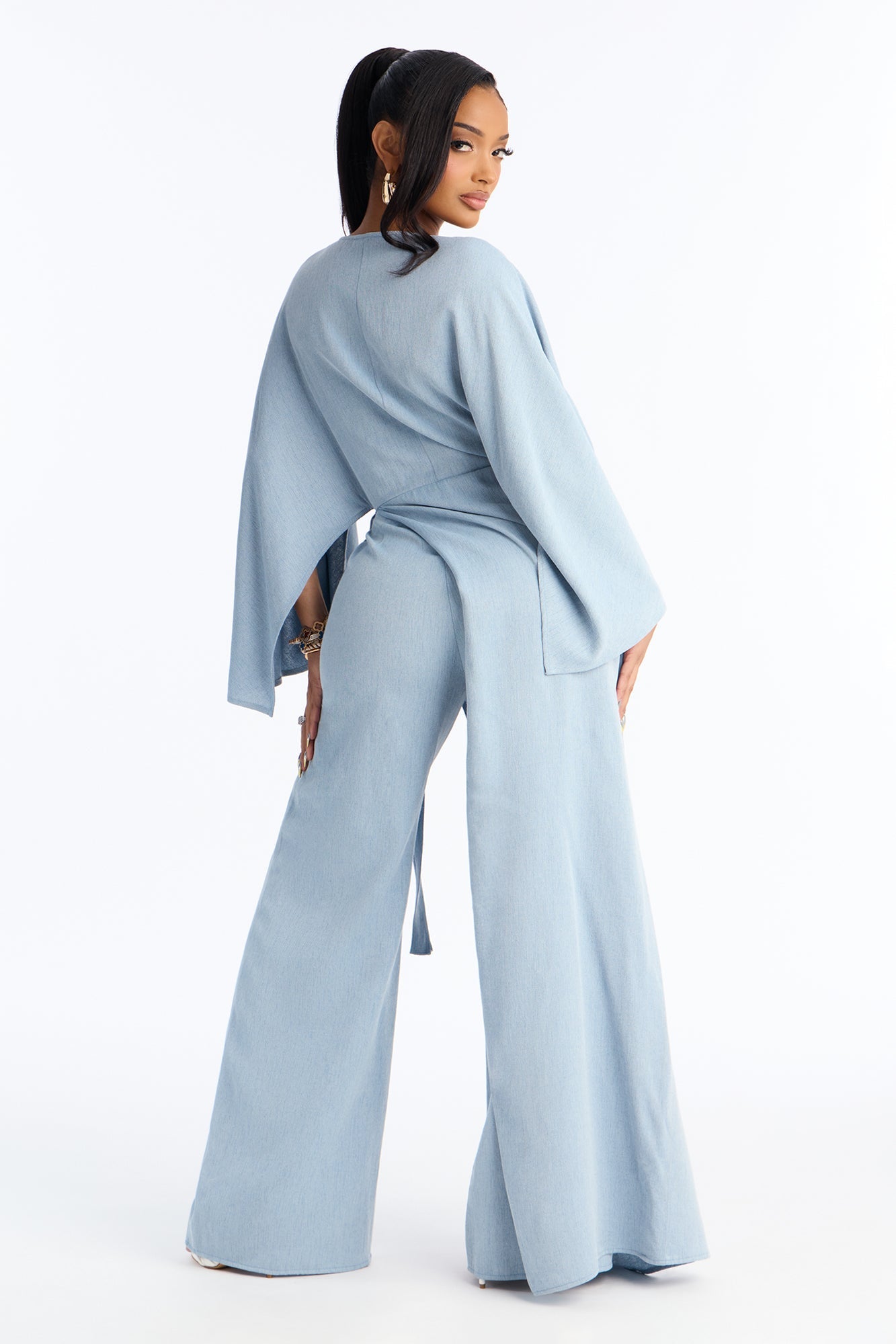 Shantal Long Sleeve Wrap Wide Leg Jumpsuit - Blue