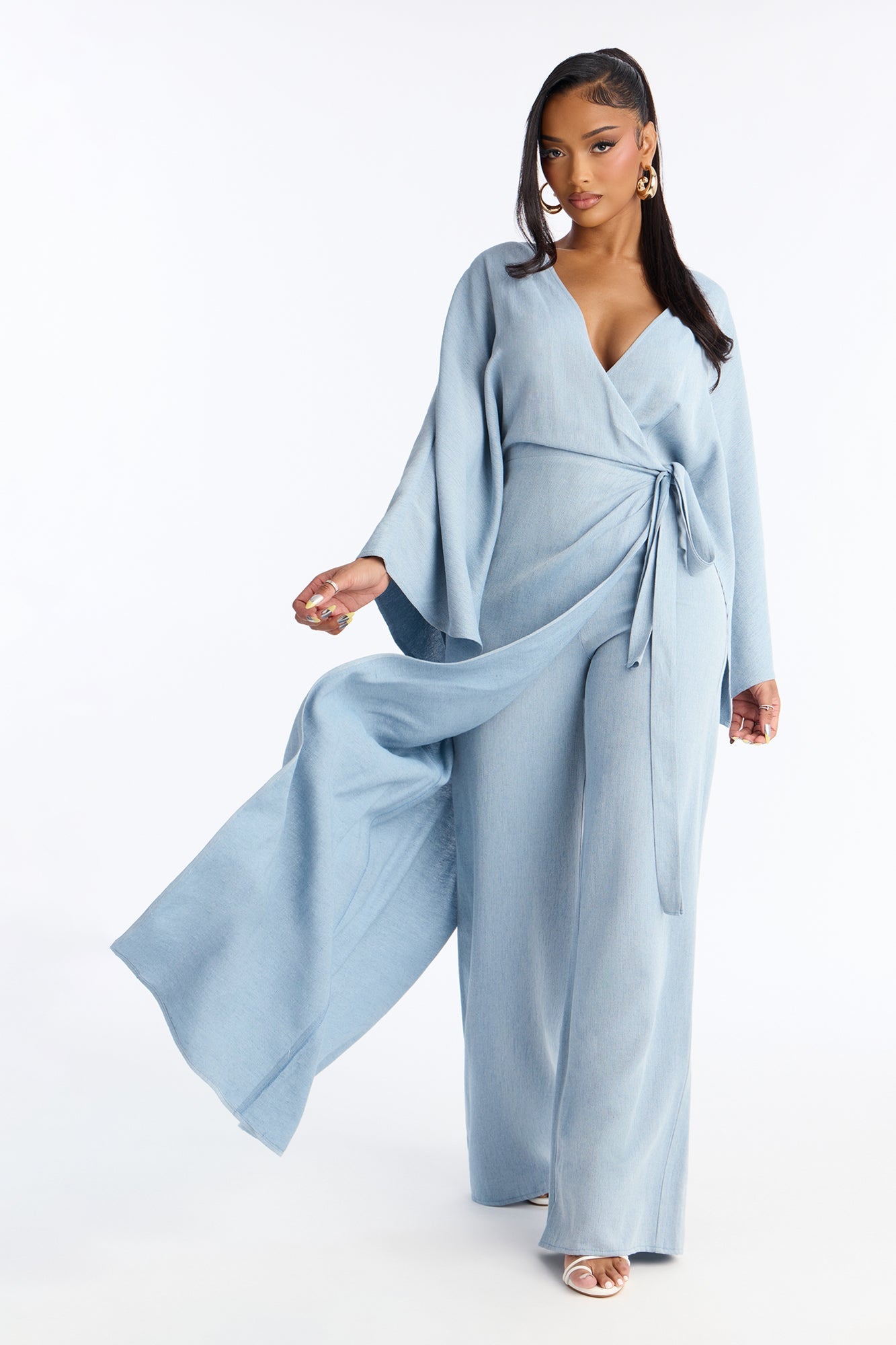 Shantal Long Sleeve Wrap Wide Leg Jumpsuit - Blue